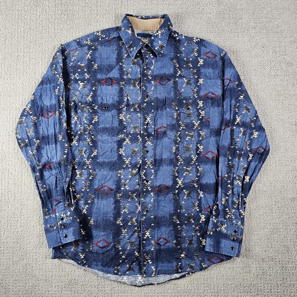 Wrangler Western‎ Mens M Aztec Western Pearl Snap Shirt Long Sleeve VTG Blue - Picture 1 of 8